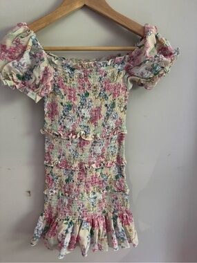 Katie J NYC Cream Floral Smocked Mini Dress with Pastel Accents